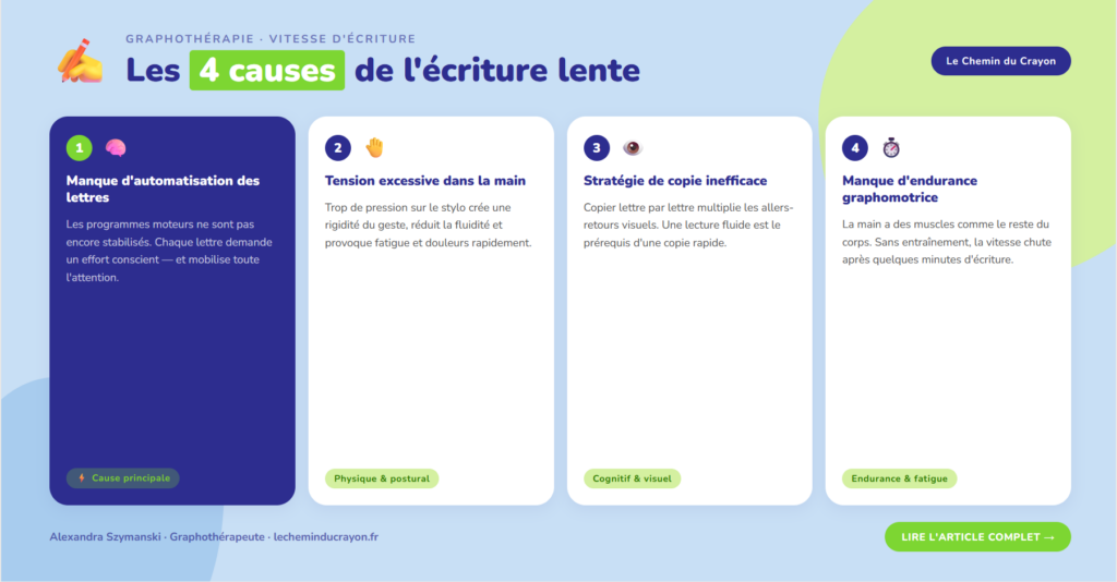 Schéma des 4 causes de l'écriture lente au collège et au lycée - Le Chemin du Crayon